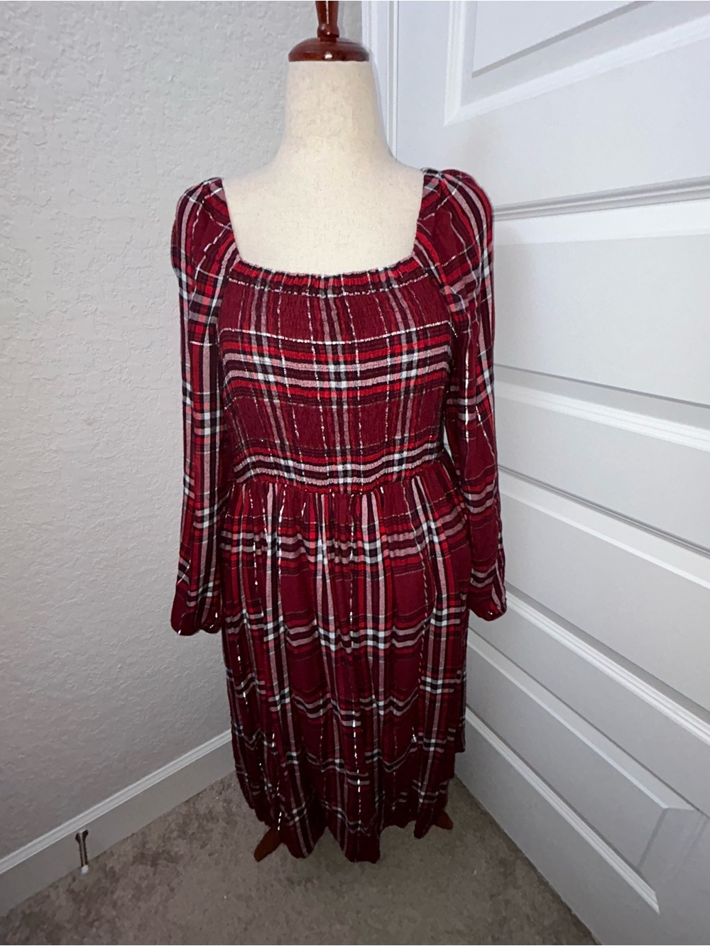 Lane Bryant Metallic Plaid Print Smocked Long Sleeve Flannel Dress